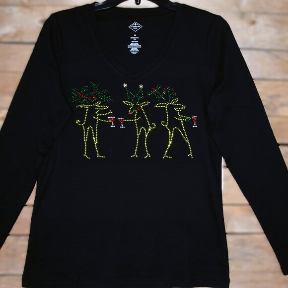 Christmas Deer Toasting  rhinestone bling long sleeved shirt XS S M L XL XXL 1X… - Picture 2 of 7